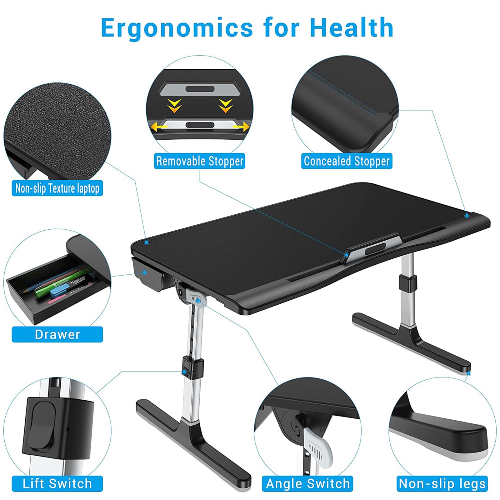 Stand da scrivania del Letto per Laptop Pieghevole Regolabile - Supporto per Notebook Portatile per Lavoro, Lettura, Alimentazione - Altezza e Angolo Regolabili - con cassetto e Tappo