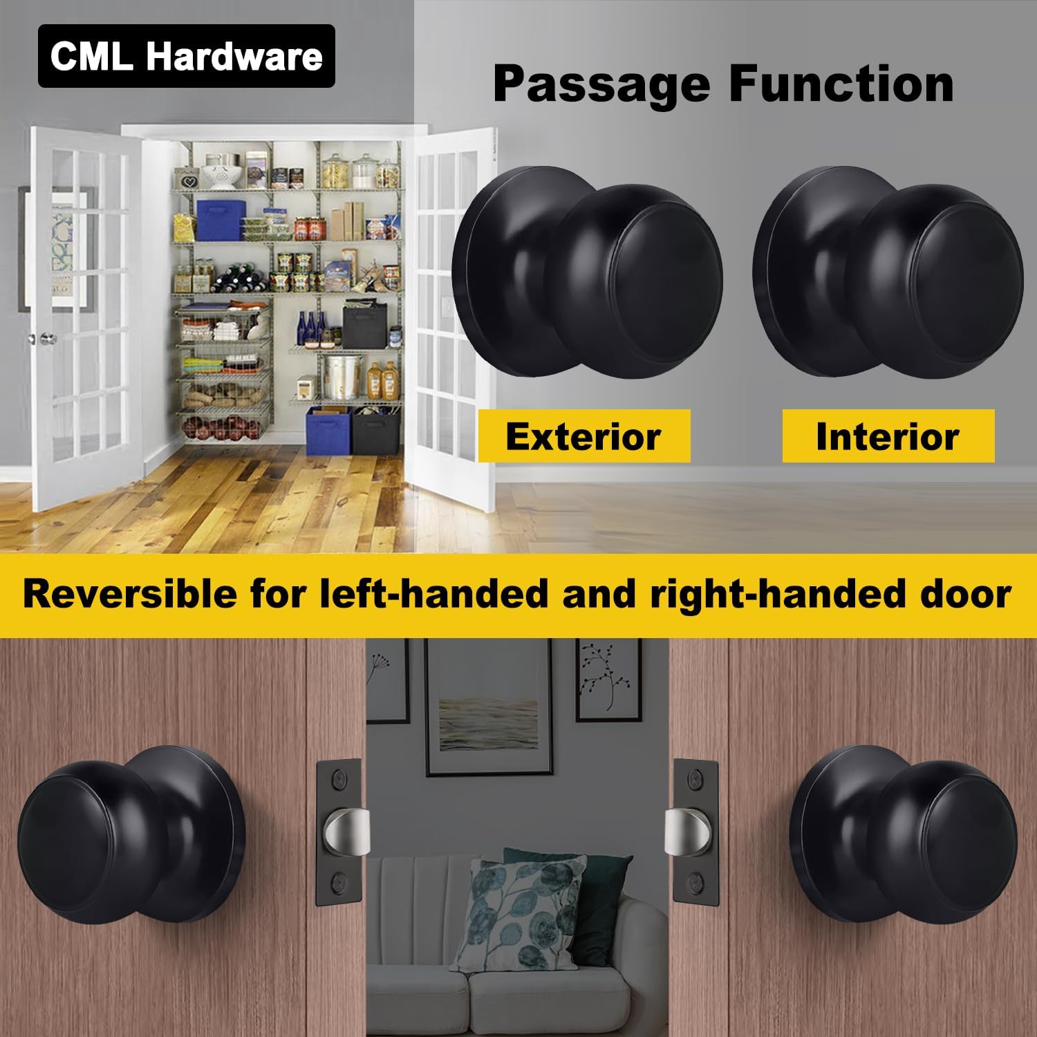 CML Hardware (2 Pack) Passage Door Knob for Hall/Closet, No Locking Interior Round Ball Handle in Solid Stainless Steel, Matte Black