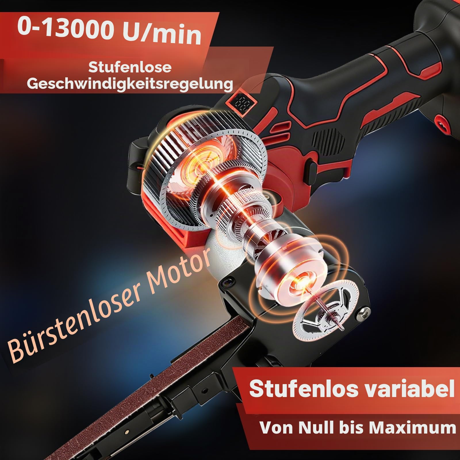 Akku-Bandschleifer Kompatibel mit Milwaukee M18 Akku, 0-13000RPM 360° Einstellbarer Bürstenloser Bandschleifer mit 20 Schleifband für Holz Metall Kunststoff (Rot für Milwaukee)