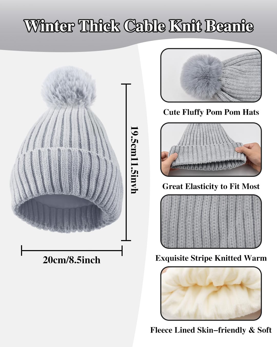 Winter Beanie Hat Scarf Gloves Set for Women, Fleece Knit PomPom Beanie Neck Warmer Long Scarf Touchscreen Gloves 3 in 1 Set(Grey)