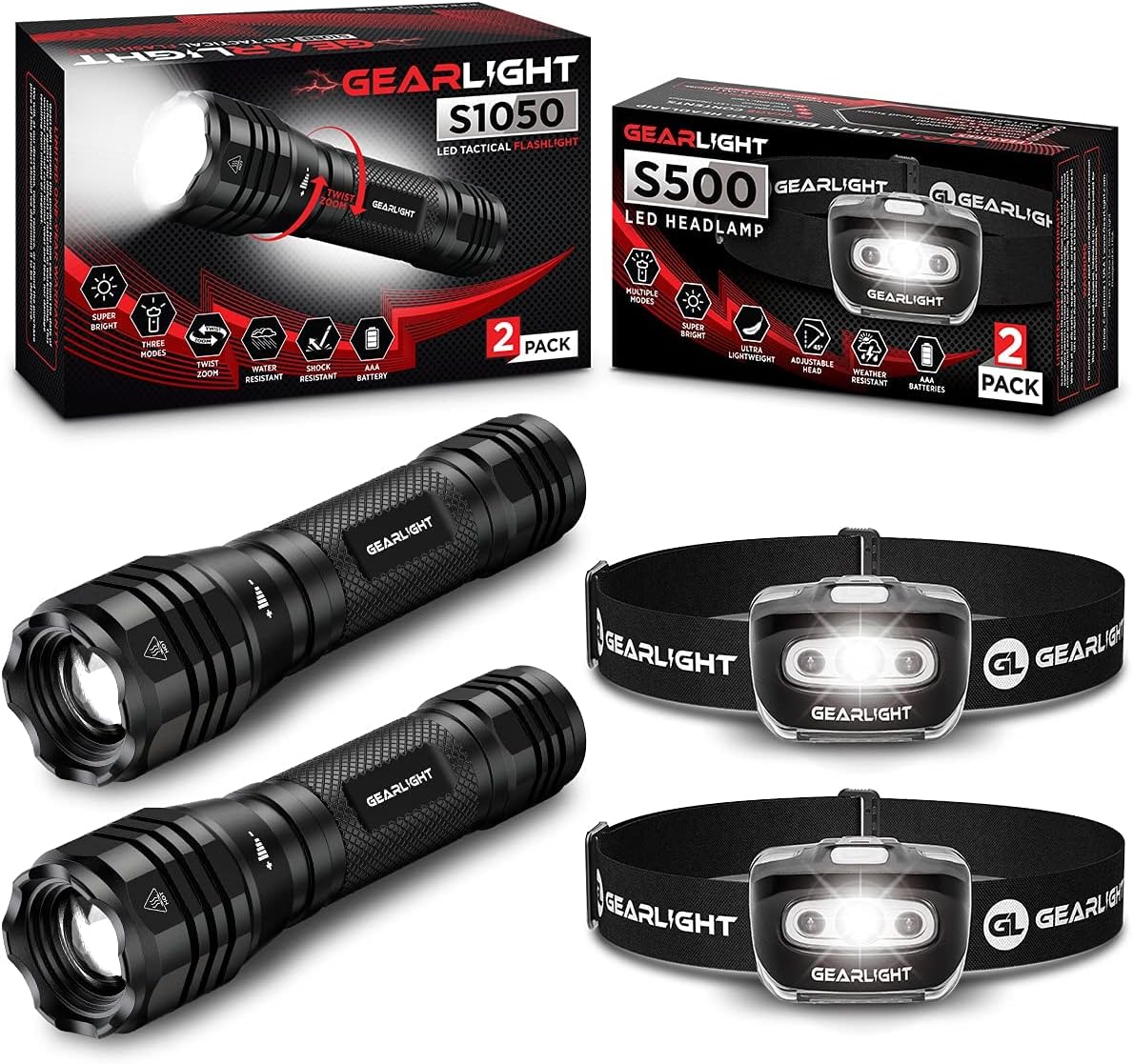 GearLight S500 LED Headlamp [2 Pack] + GearLight S1050 LED Tactical