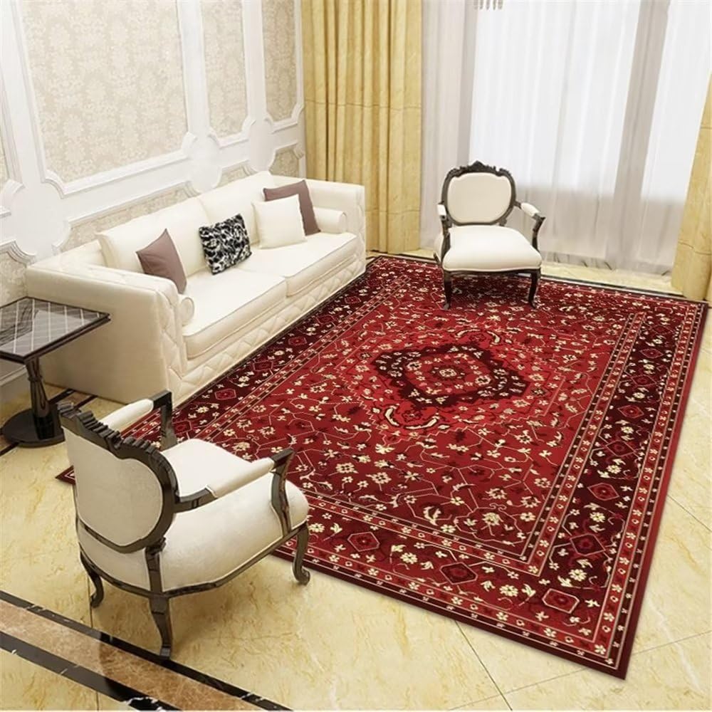 Tapis de salon cramoisi grand format pour réchauffer un sol froid et moderne