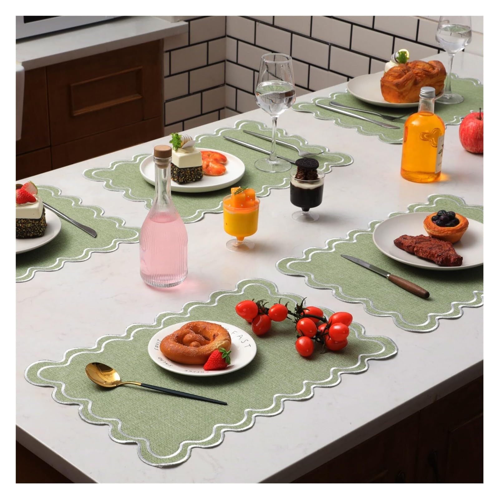 Place Mats for Table Cotton Linen Placemats, 13x19 Inch Scalloped Wavy Embroidery Placemat Washable Rustic Rectangle Dinner Table Mats For Kitchen(Light green,STRIP_4PCS)