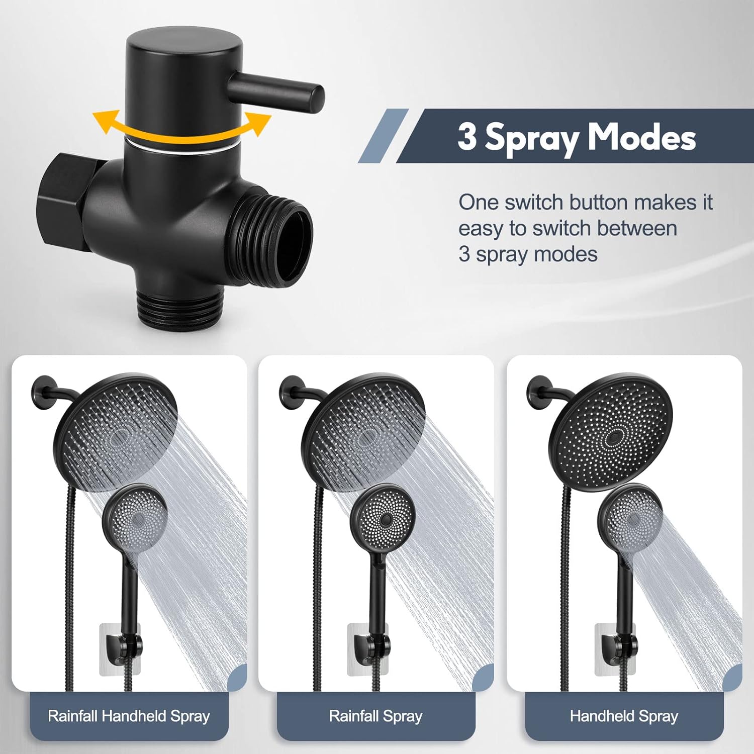 Rain Shower Head with Handheld Spray, Lanhado 8.5'' Matte Black Shower Head with hose, 3 Setting High Pressure Shower Heads, Anti-leak Rainfall Shower Head with Holder, Waterfall Showerhead, Chrome - 