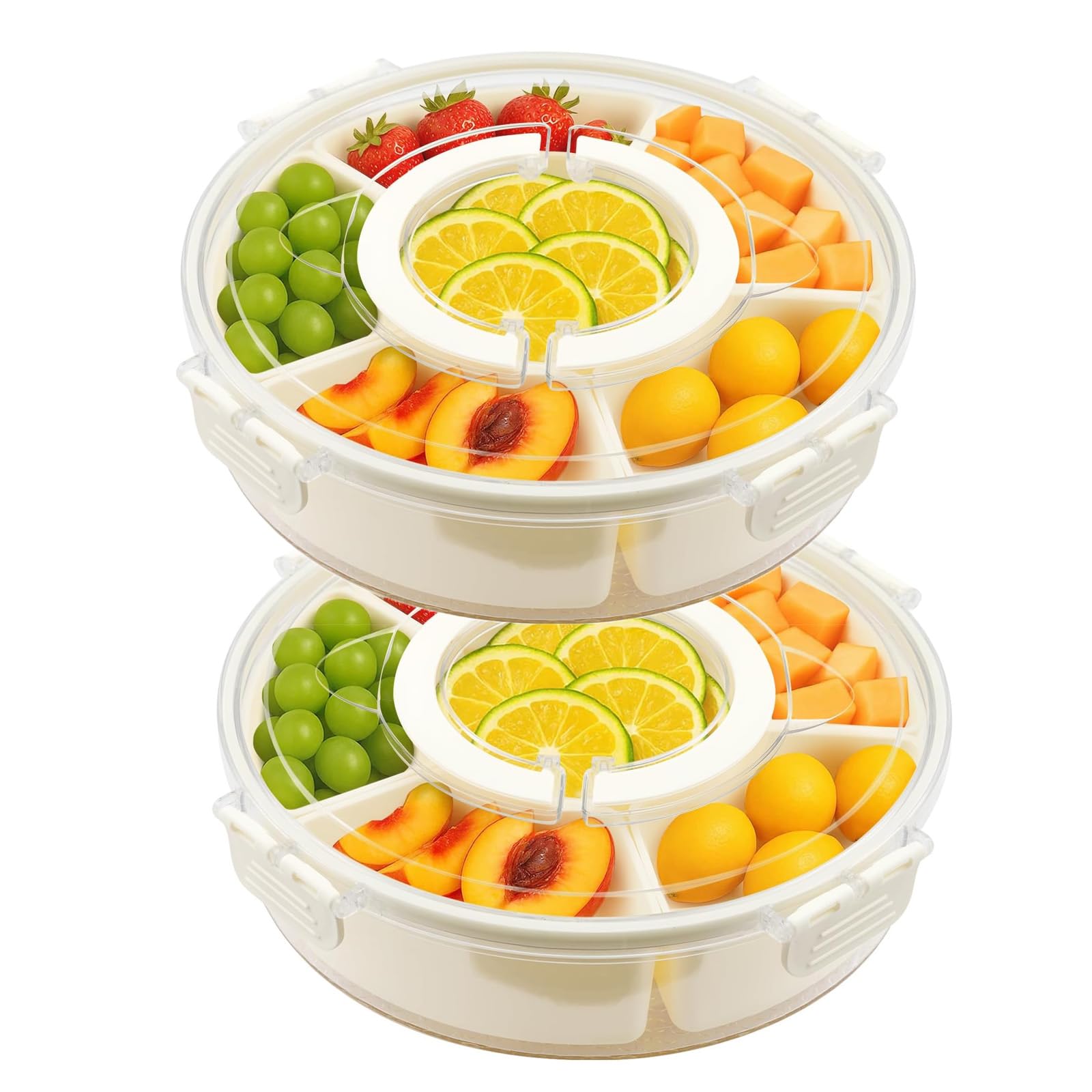 Snackle Box with 6 Removable Compartments Divided Serving Tray with Lid 360° Rotating Food Containers for Spices Dried Fruit Snack Tray Organiser for Kitchen Travel Party (2pcs-Clear Plastic)