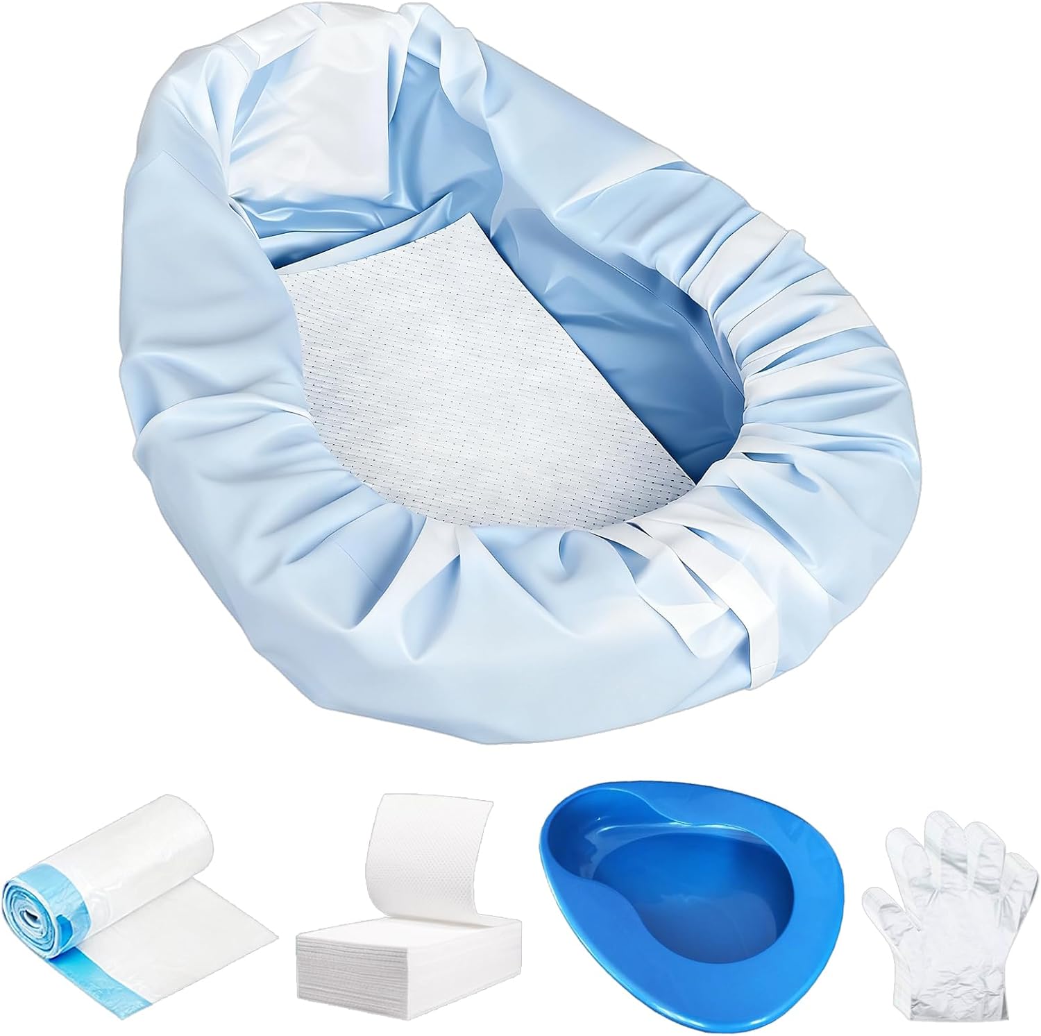 Bedpan Set with 30 Super Absorbent Pads 30 Disposable Liners 100 Gloves, Bedpan for Elderly Females Women and Men, Extra Large Adult Potty for Bedridden Patients