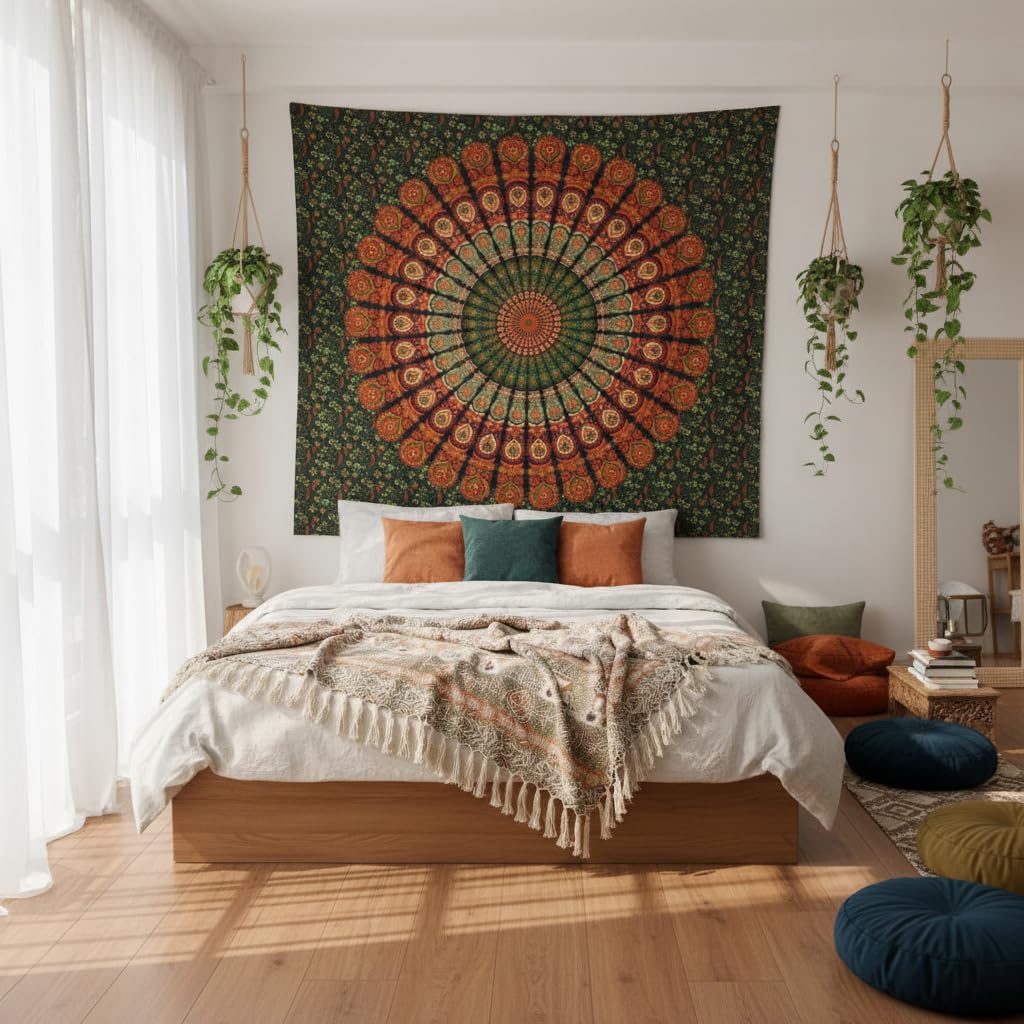 Peacock Mandala Tapestry - Navy Blue Cotton Wall Hanging -20