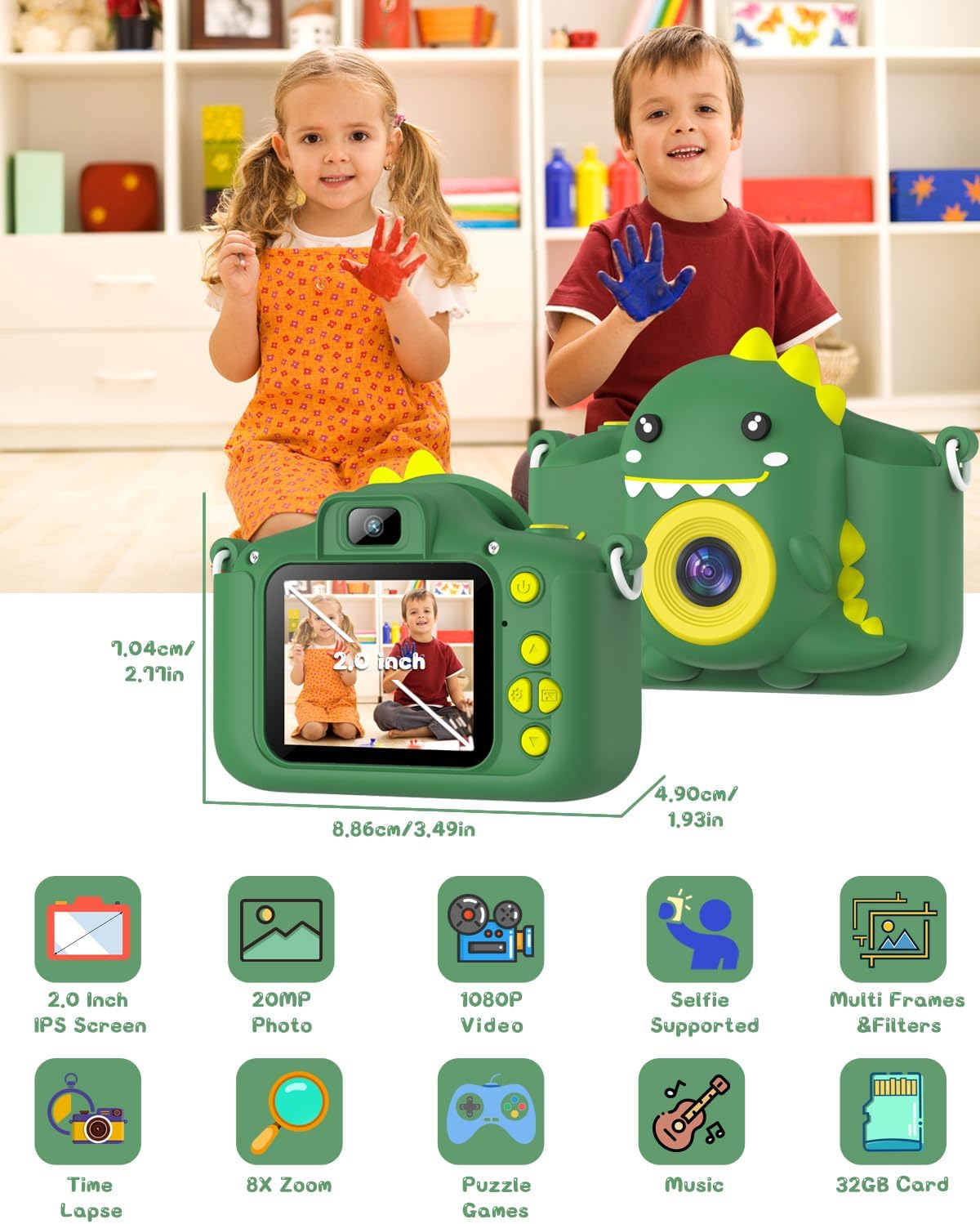 Gofunly Kids Digital Camera with dimensions labeled and icons representing key features like 2.0 inch IPS screen, 20MP photo, 1080P video, selfie support, multi frames & filters, time lapse, 8x zoom, puzzle games, music, and 32GB card.