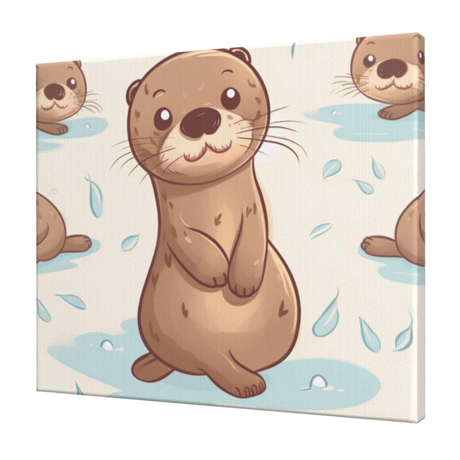 YKLJG Cartoon Cute Otter Printed Wall Art Canvas Prints 60x50 CM Wooden Framed Picture Painting Artwork for Bedroom Kitchen Home Office Decor