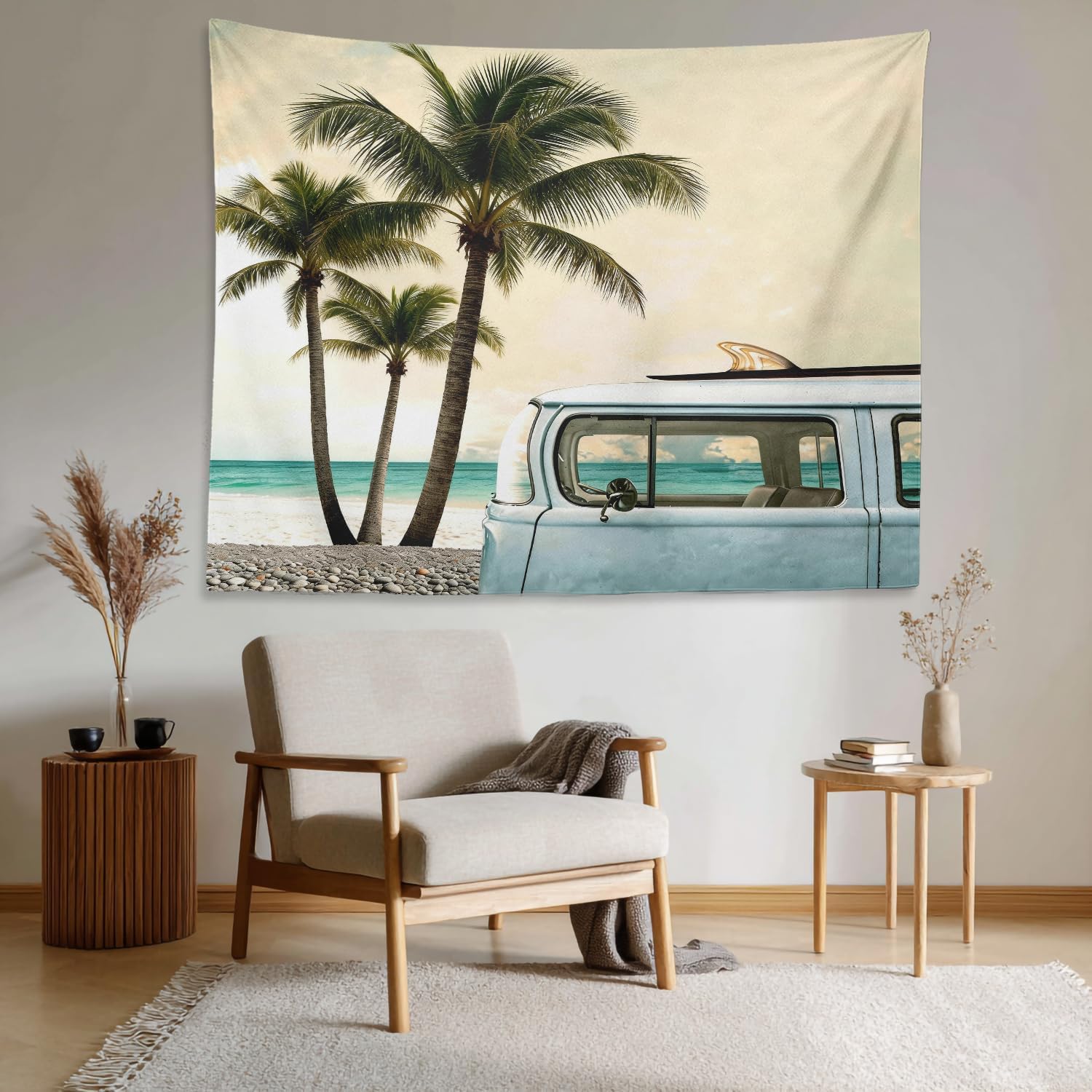 Shrahala Vintage Wall Tapestry, Ocean Drive Vintage Car Wall Hanging - Large Psychedelic Tapestry for Bedroom & Living Room (59.1 x 82.7 Inches, Blue)