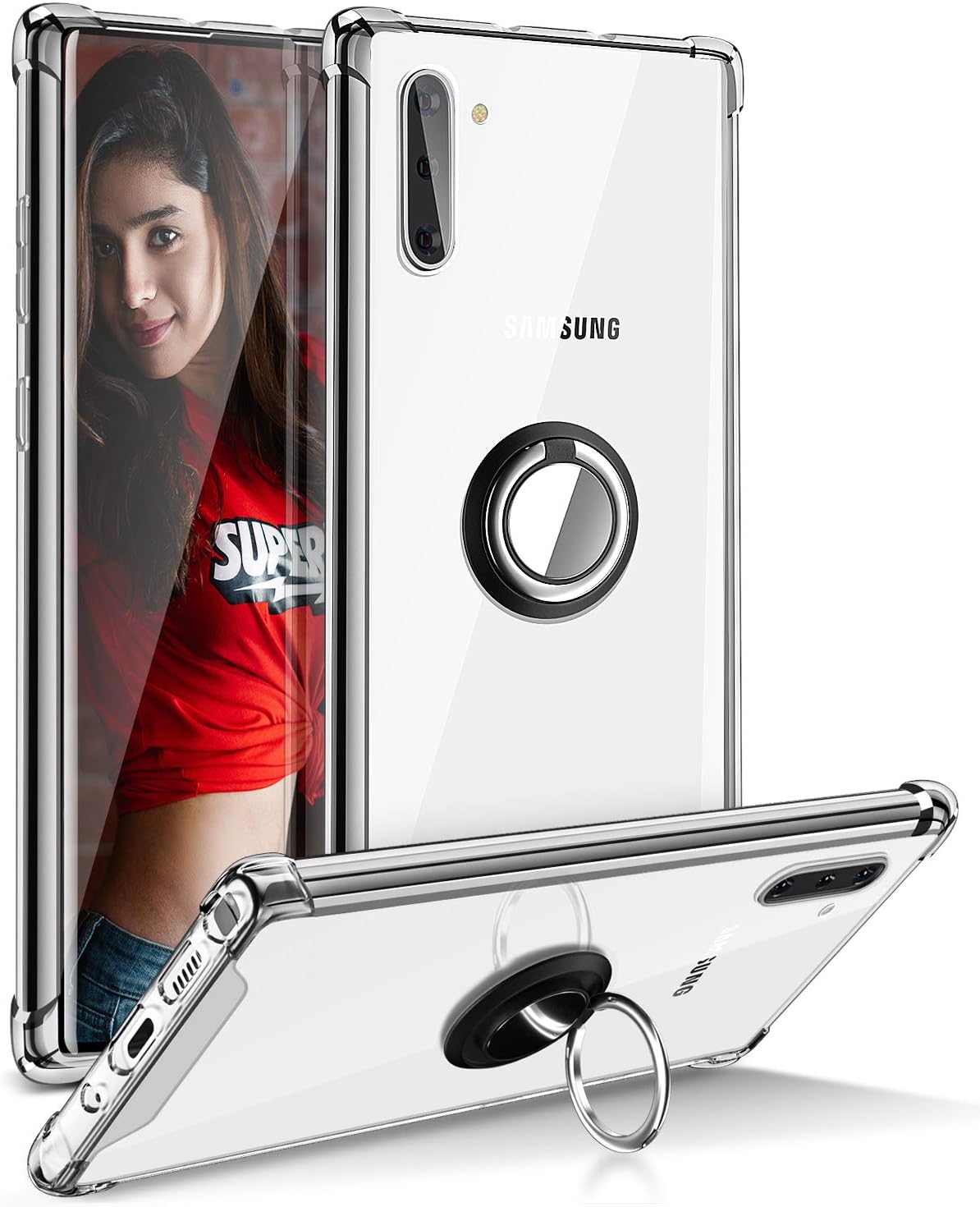 DAUPIN Samsung Galaxy Note 10 Case Clear with 360 Rotatable Ring Kickstand Gradient Shock Absorption Soft TPU Bumper PC Hard Back Protective Phone Case for Note 10 (Clear)