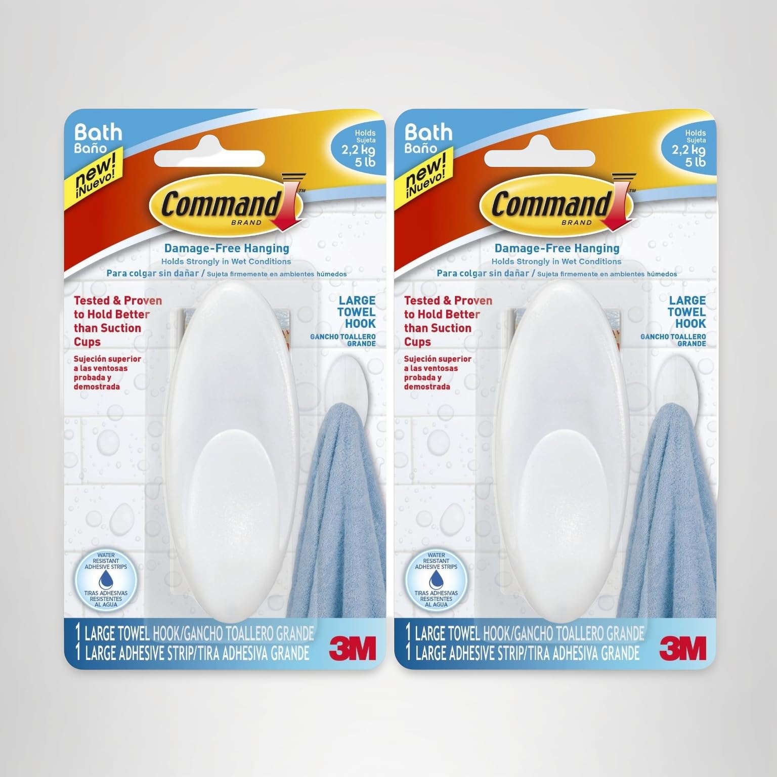 Command Towel Hook, Frosted, 5-Pound Capacity, (Pack of 2)