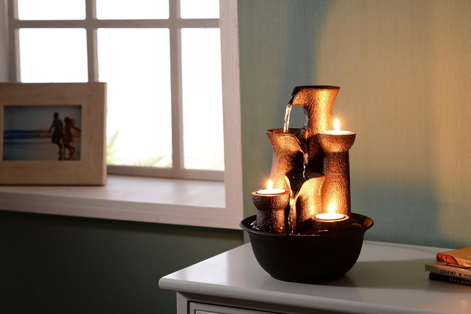 Tabletop Fountain 3 Candles, Indoor Waterfall Fountain for Meditation, Desktop Waterfall Fountain 3 Tiered, Resin Room Decor for Office Home Relaxaion, Housewarming Gifts New Home, Brown with Rocks