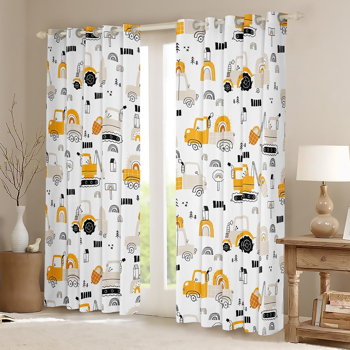 Homemissing Excavator Curtains for Bedroom Living Room Kids Construction Vehicles Blackout Curtains Boys Cartoon Car Rainbow Darkening Dreapes Equipment Trucks Window Treatments Yellow W66*L72 - Image 2