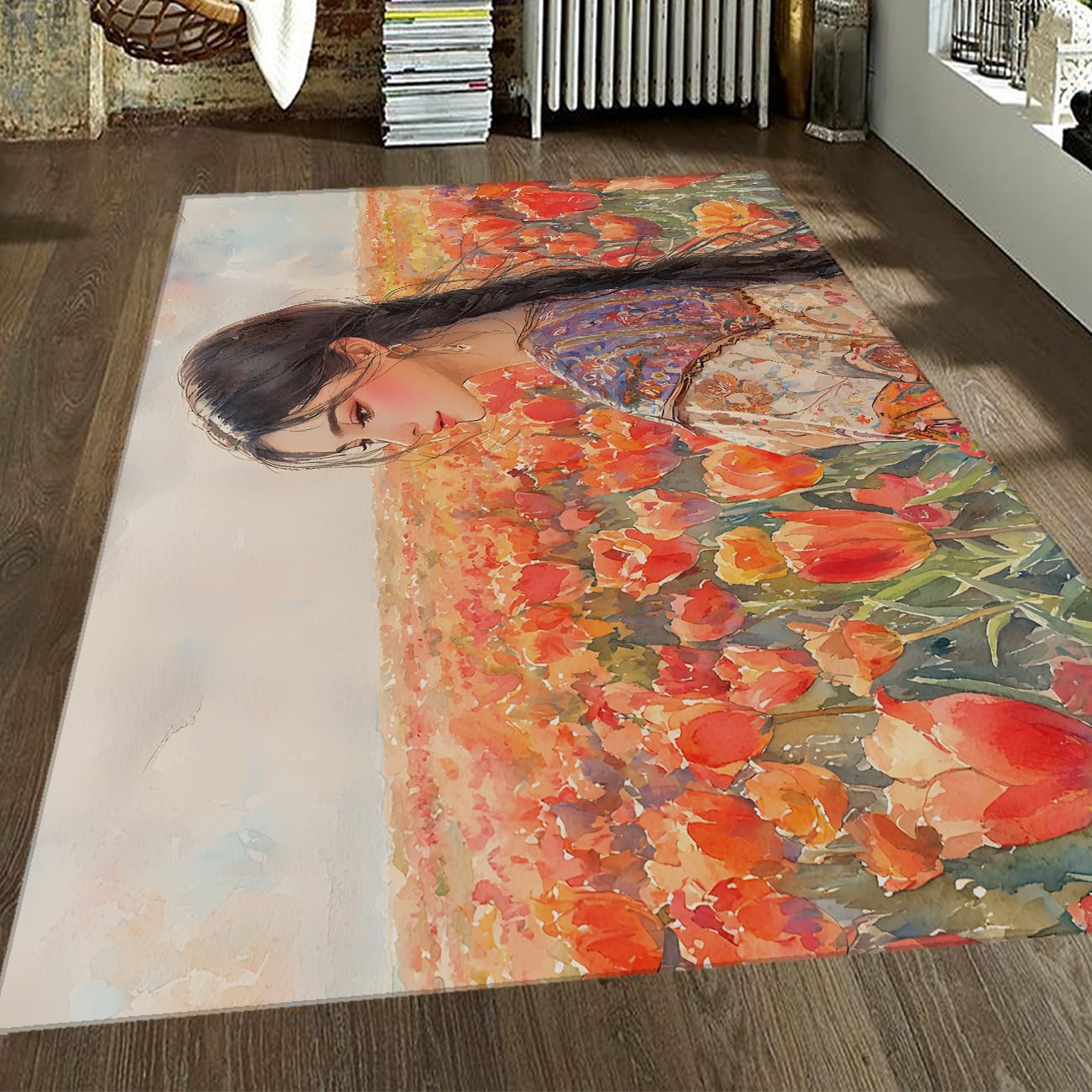 Tappeti per soggiorno tappeti lavabili in campo tulipano vintage bohemi morbidi antiscivolo impermeabili per pavimenti interni per camera da letto 100x150cm