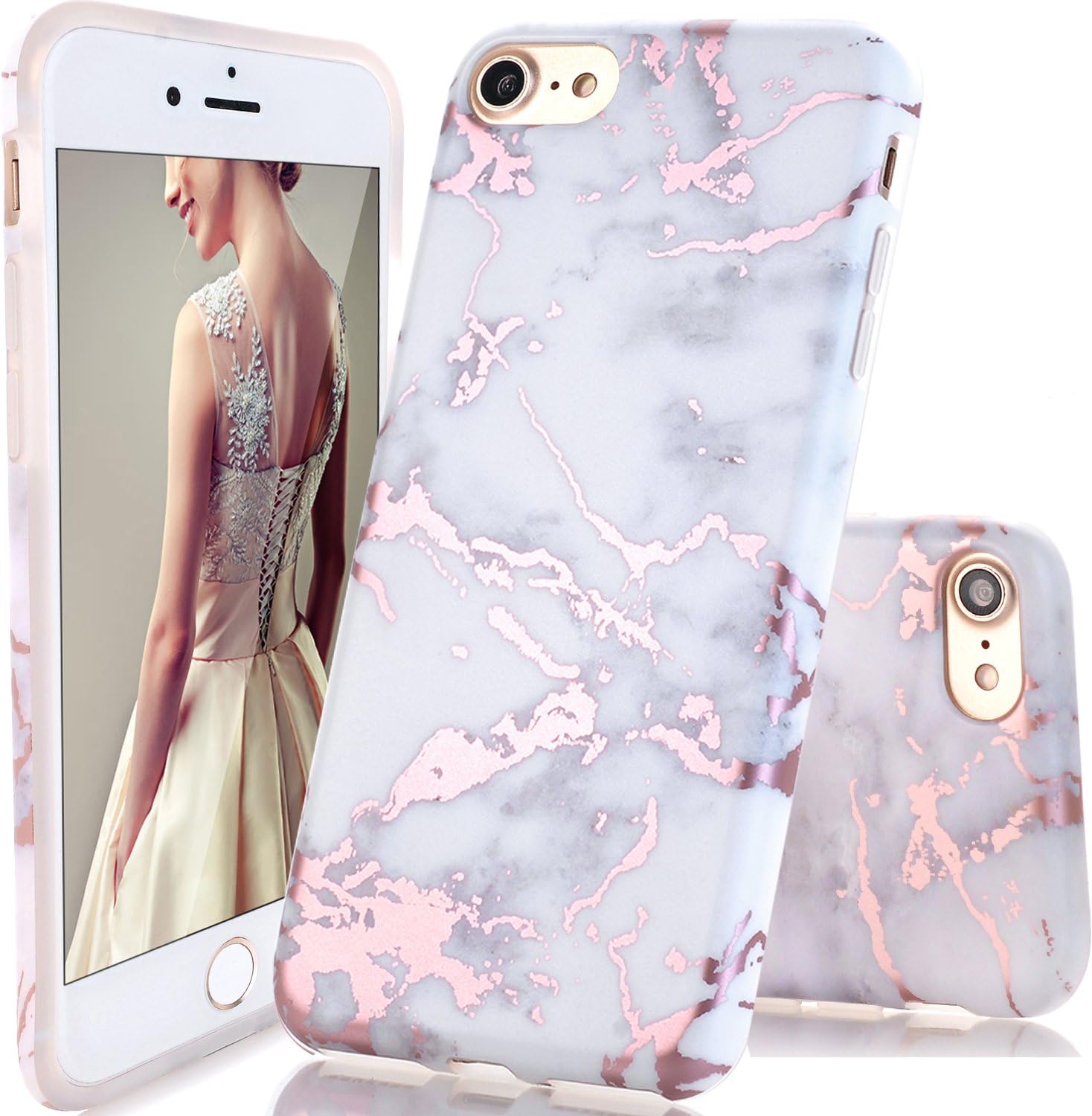 DOUJIAZ Compatible with iPhone 7 Case,iPhone 8 Case,Shiny Rose Gold White Marble Design Clear Bumper TPU Soft Case Rubber Silicone Skin Cover for iPhone 7(2016)/iPhone 8(2017)