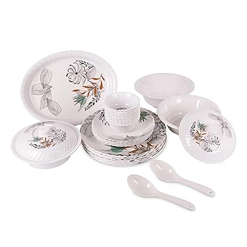 Home-pro Royal Lehar 32 pcs, Melamine Dinner Set Stain Resistence Unique Black Flower Design Dinnerware for Your Kitchen or Gifting 100% Veg Material