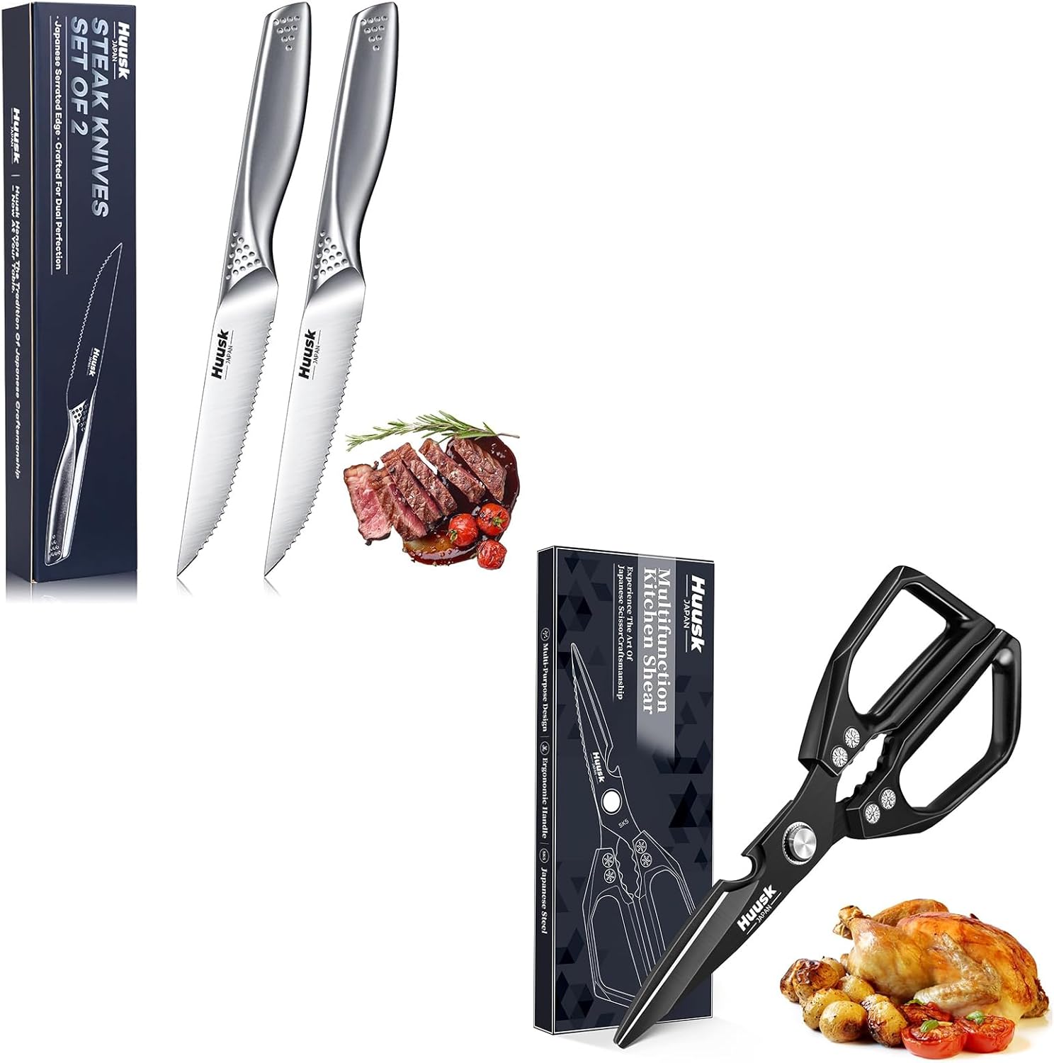 Huusk Kitchen Scissors for Food - Stainless Steel Black Kitchen Shears Bundle with a Serrated Steak Knives Set, Japanese Cooking Scissor Dishwasher Safe, Multifunctional Heavy Duty Poultry Shears