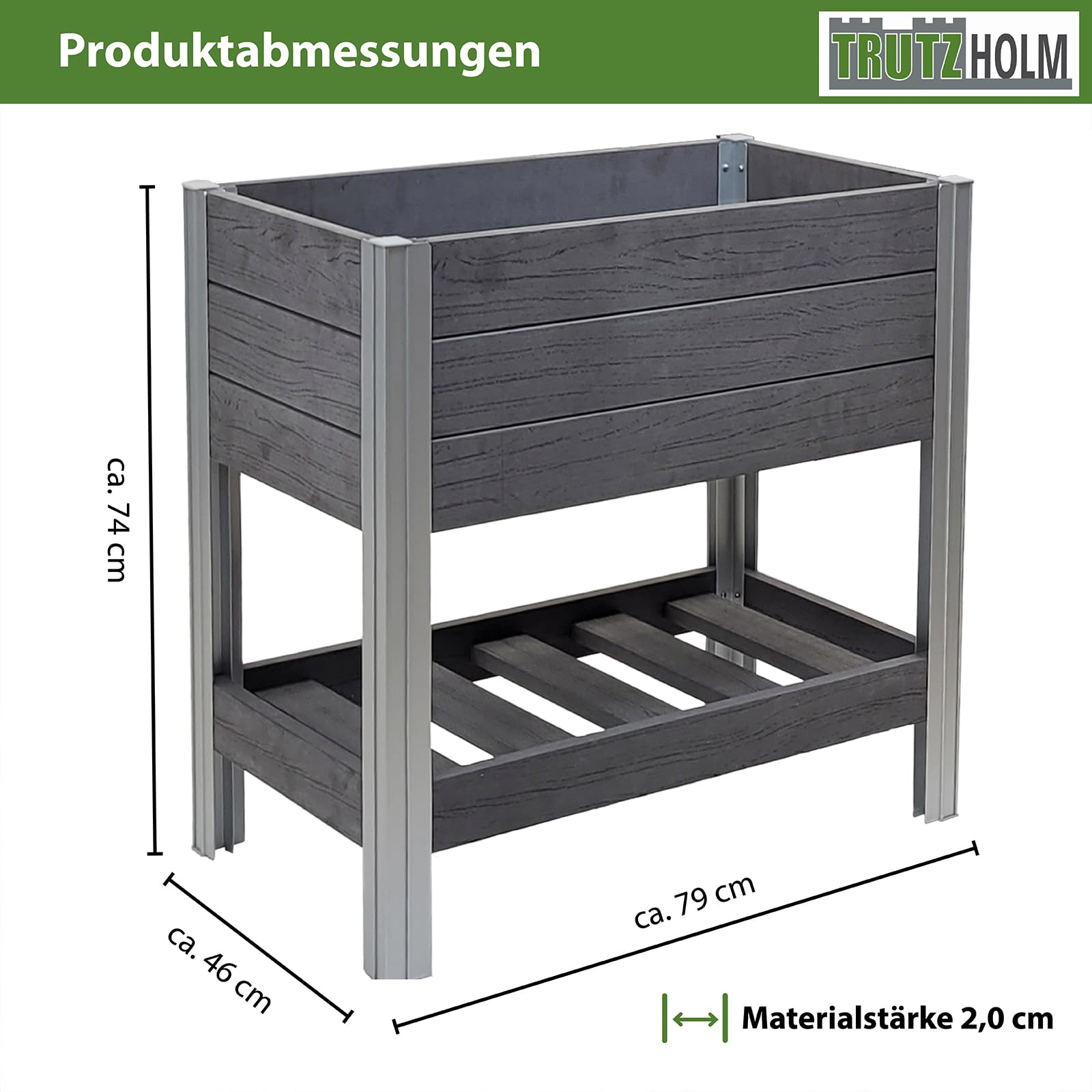 TRUTZHOLM Hochbeet mit Ablage 79x46x74 cm 65 Liter Holzoptik robust witterungsbeständig Kräuterbeet Pflanzkasten Anthrazit