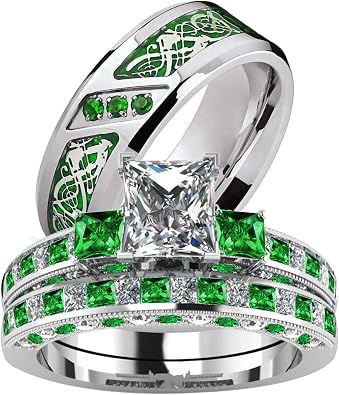 Couple Rings White Gold Plated 925 Sterling Silver Ring Square 1.5CT CZ Women Wedding Ring Sets Men Titanium Steel Ring
