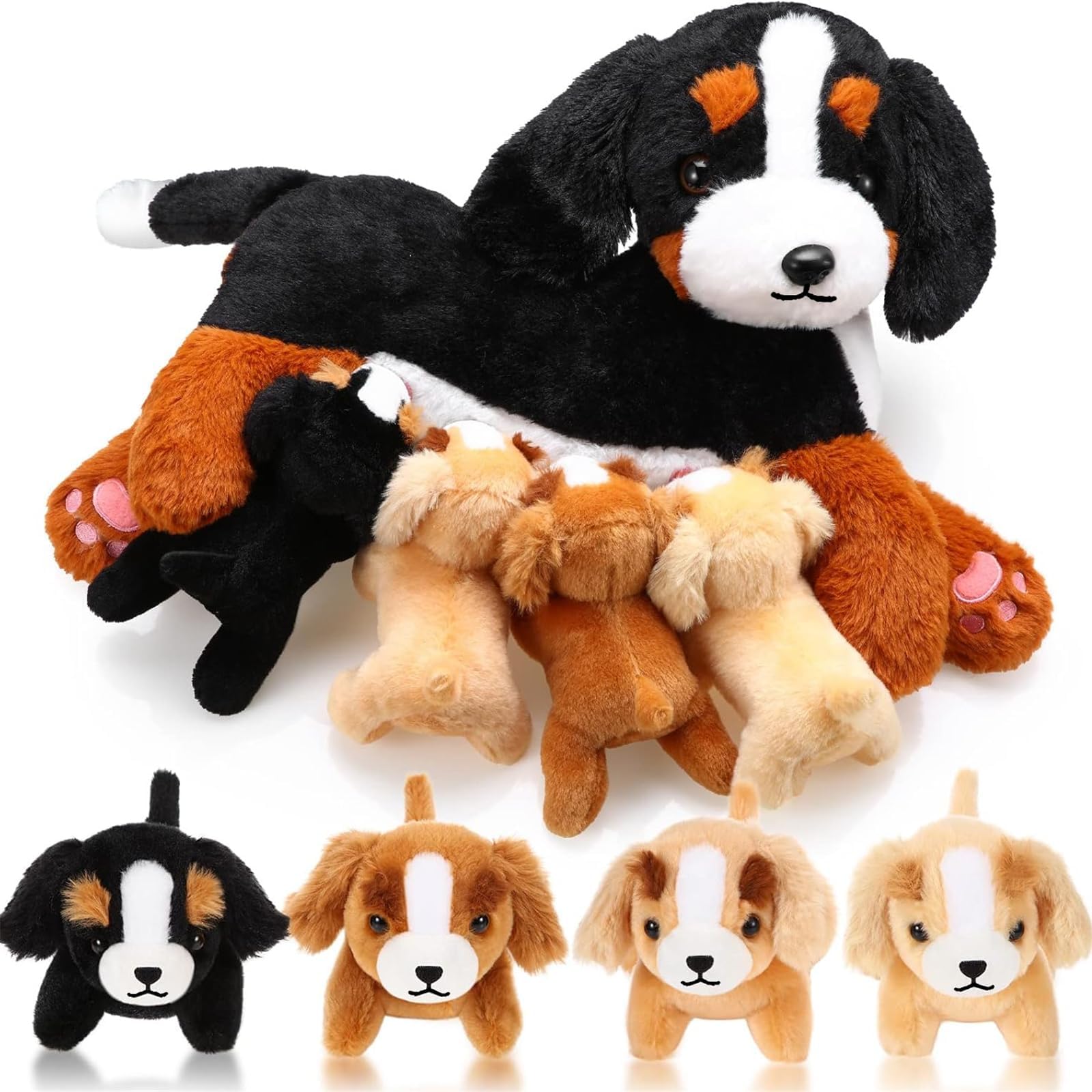 Nurturing Bernese Mountain Dog Plush Toy Set 15 Inch Nursing Mommy Dog Stuffed Animal with 4 Stuffed Magnetic Baby Puppies for Kids Birthday Graduation Children's Day Gifts Pet Party Favors