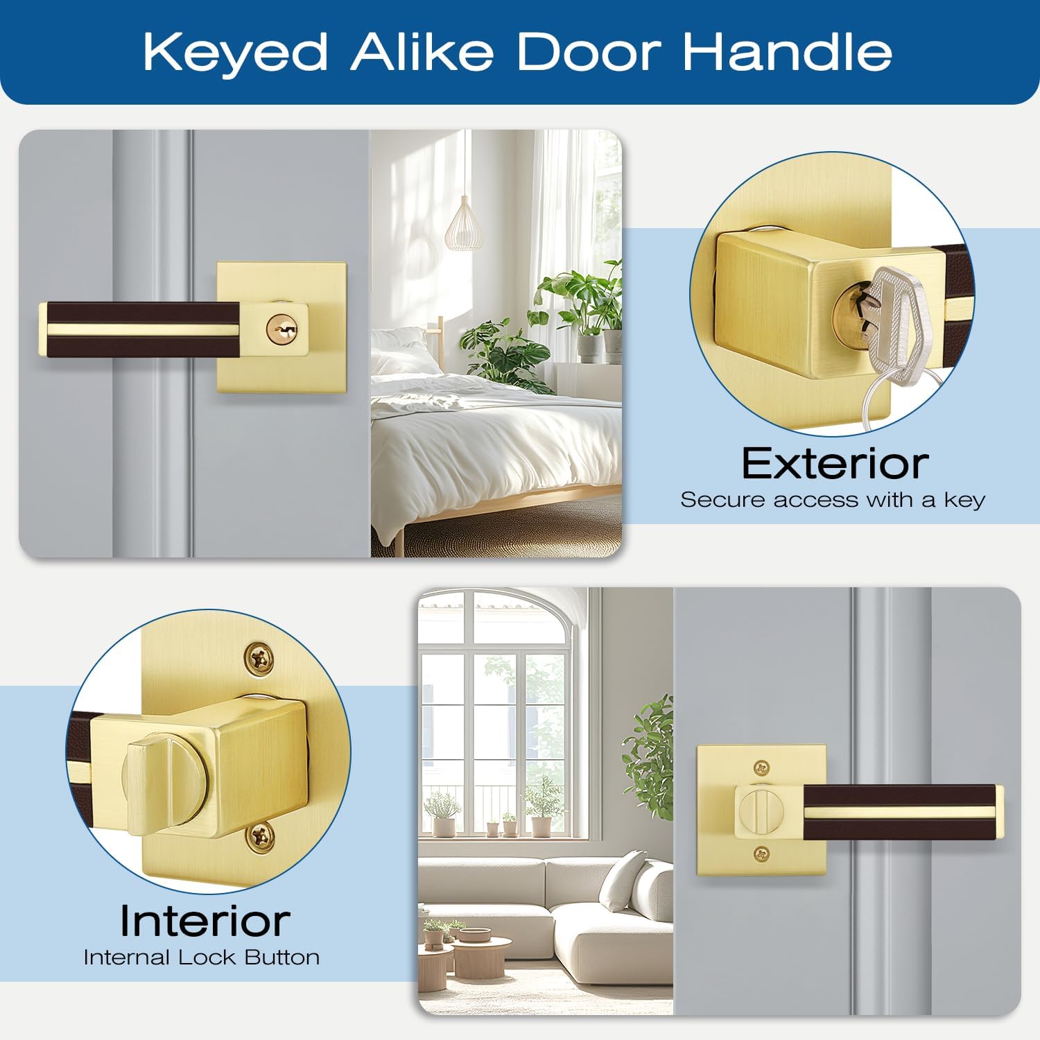 EHOMEWARE 1 Pack Keyed Door Locks Satin Brass Door Handles with Lock and Keys, Exterior/Interior Door Knobs for Bedroom or Living Room