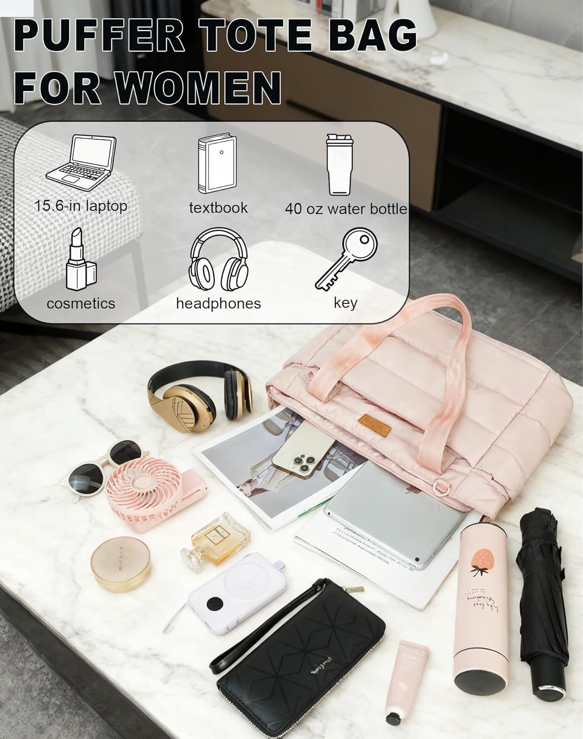 Quilted Puffer Tote Bag for Women, 21L Work Hobo Tote, Lightweight Travel Shoulder Bag for Nurses/Commuters | 16" Laptop Sleeve, Foldable Design, Cup Holder Pocket, Daily Carry On Bags - Image 8