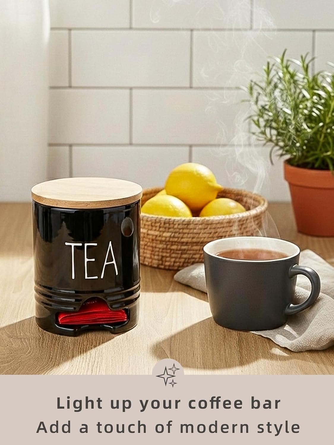 Farmhouse Ceramic Tea Bag Holder with Wood Lid for Countertop (Black) image 3
