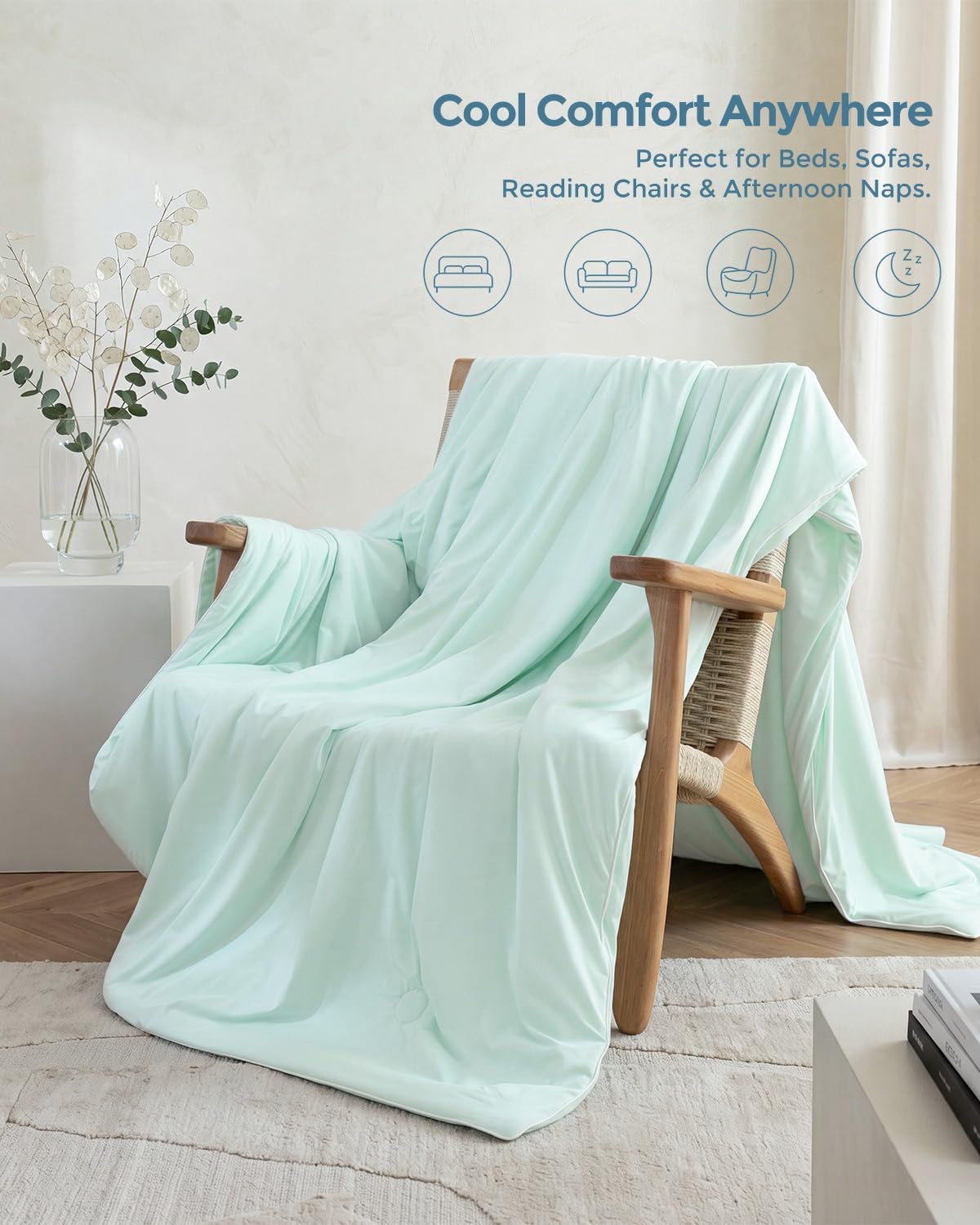 SOULFUL Cooling Comforter Queen Size, Lightweight Breathable Summer Comforter,Q-Max>0.45 Cooling Blanket for Hot Sleepers & Night Sweats, AquaGreen, 90"x90"