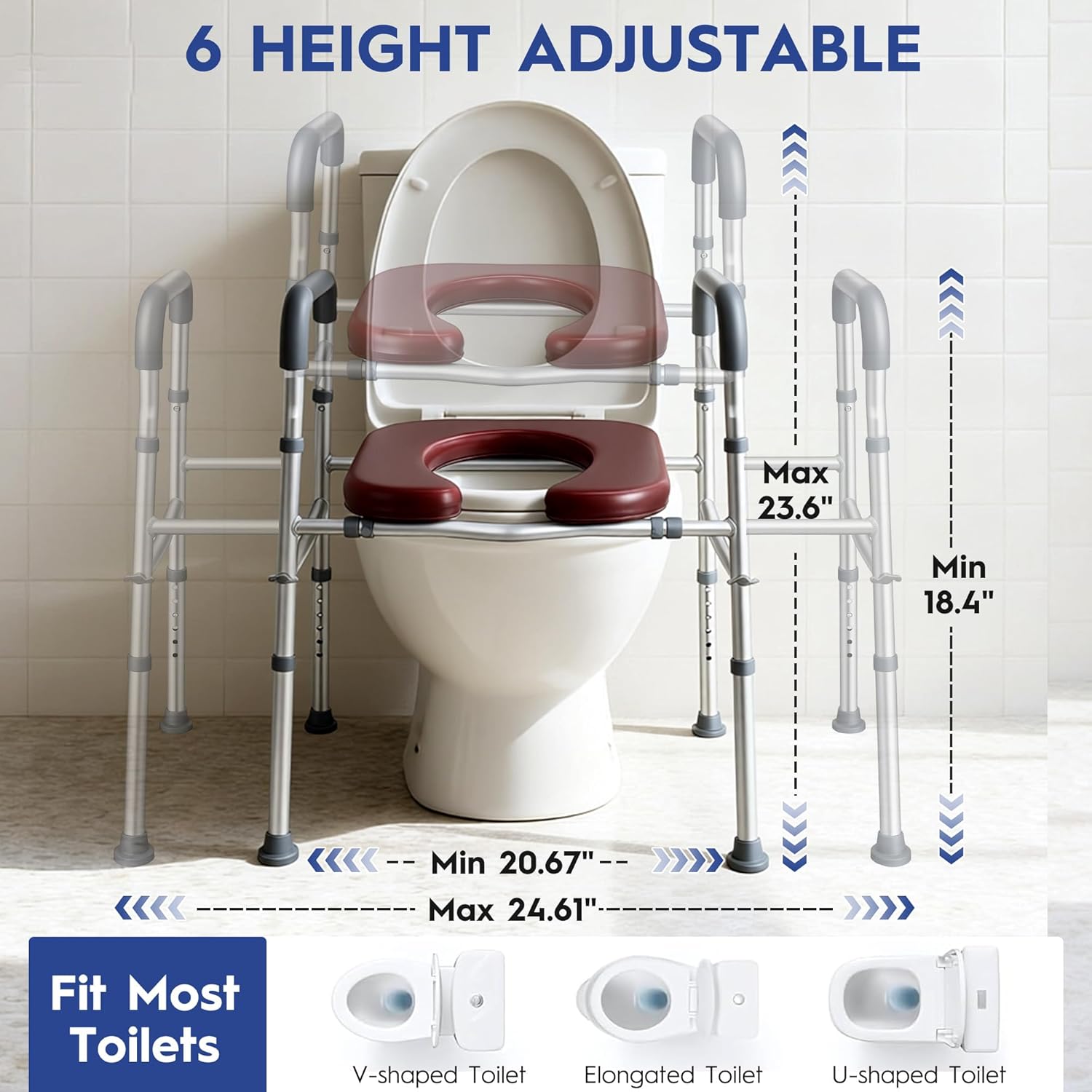 Raised Toilet Seat with Handle for Seniors Adjustable Aluminum Alloy, Elevated Toilet Seat Elongated with Arms for Elderly