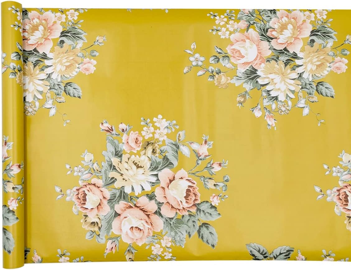 Yifely Vintage Peony Floral Shelving Paper Dark Yellow Peel & Stick Shelf Liner Dresser Drawer Sticker 17.7 Inch by 9.8 Feet