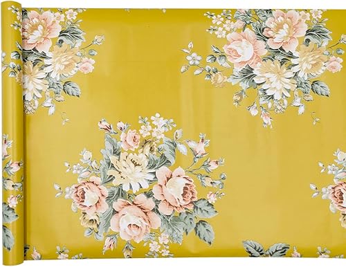 Miniatura 7 de Rollo de papel tapiz floral de 32.8 pies para despegar y pegar, de vinilo de peonía amarilla, fácil de usar, contra salpicaduras (393.7 x 17.7