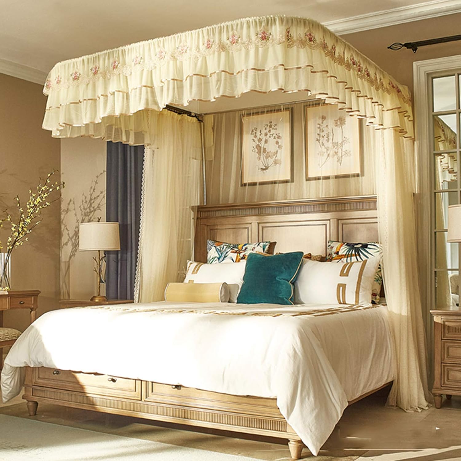 Girls Hanging Bed Net U-Shaped Rail Canopy Beds Hammocks Cribs Easy Installation Ideal for Bedroom Decorative for Indoor Bedroom and Camping (Beige 1.5m)