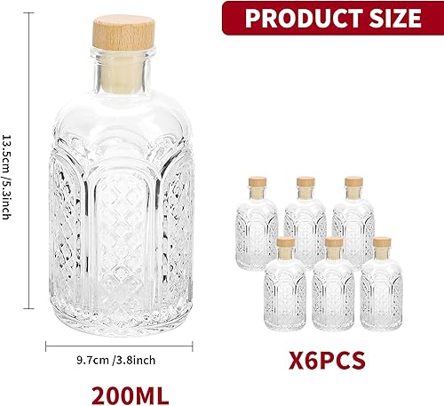 Miniatura 2 de Botellas de vidrio transparente de 6 onzas  6.8 fl oz Paquete de 6 Botellas de vidrio de base pesada con tapa en T para bebidas de vino, bebidas,