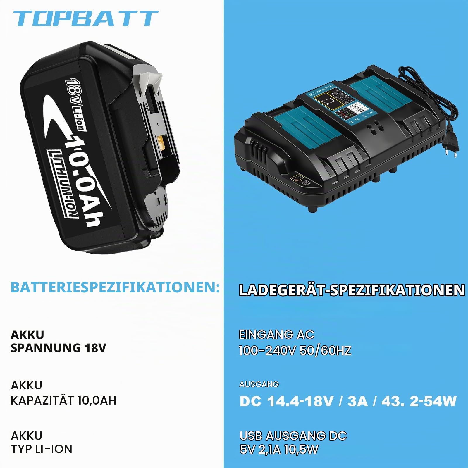 2Stück 10000mAh BL1860B Kompatibel für Makita Akku 18V und Ladegerät | Doppelte Aufladung 3A DC18RD Ladegerät Kompatibel für Makita 14,4V- 18V akku