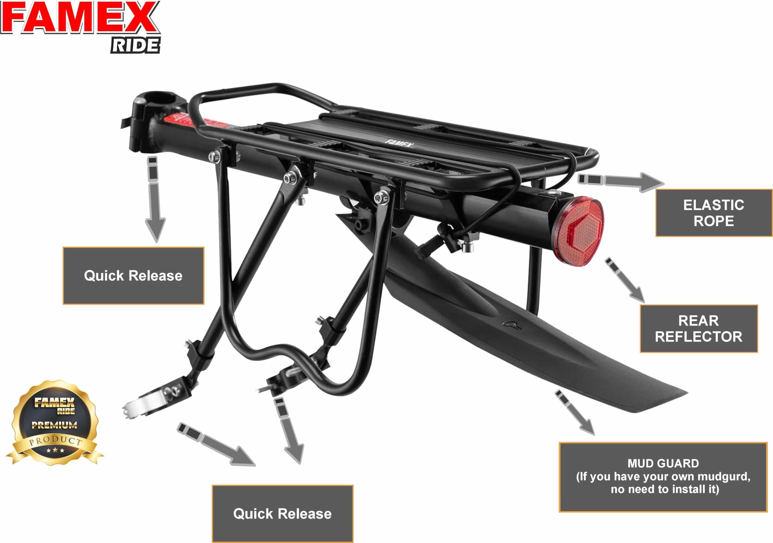 Porte-bagages arrière pour vélo de montagne avec réflecteur réglable et système de libération rapide, noir, avec garde-boue, capacité de 50 kg, 61 à 73,7 cm
