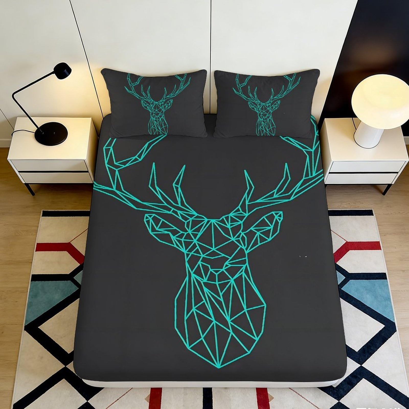3D Printed Geometric Deer Fitted Sheet Microfiber Soft Breathable Polygon Stag Bed Cover for Bedroom Dormitory Guest Room Mattress Protection 160x200x25cm
