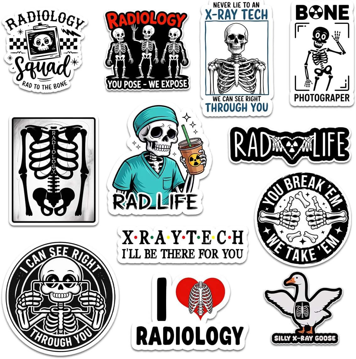 12 Pcs Radiology Stickers Pack, Funny X-Ray Tech and Radiologic Technologist Vinyl Decals with Skeletons, Bones, and Medical Humor for Laptops, Water Bottles, Clipboards, Tumblers, and Journals 3