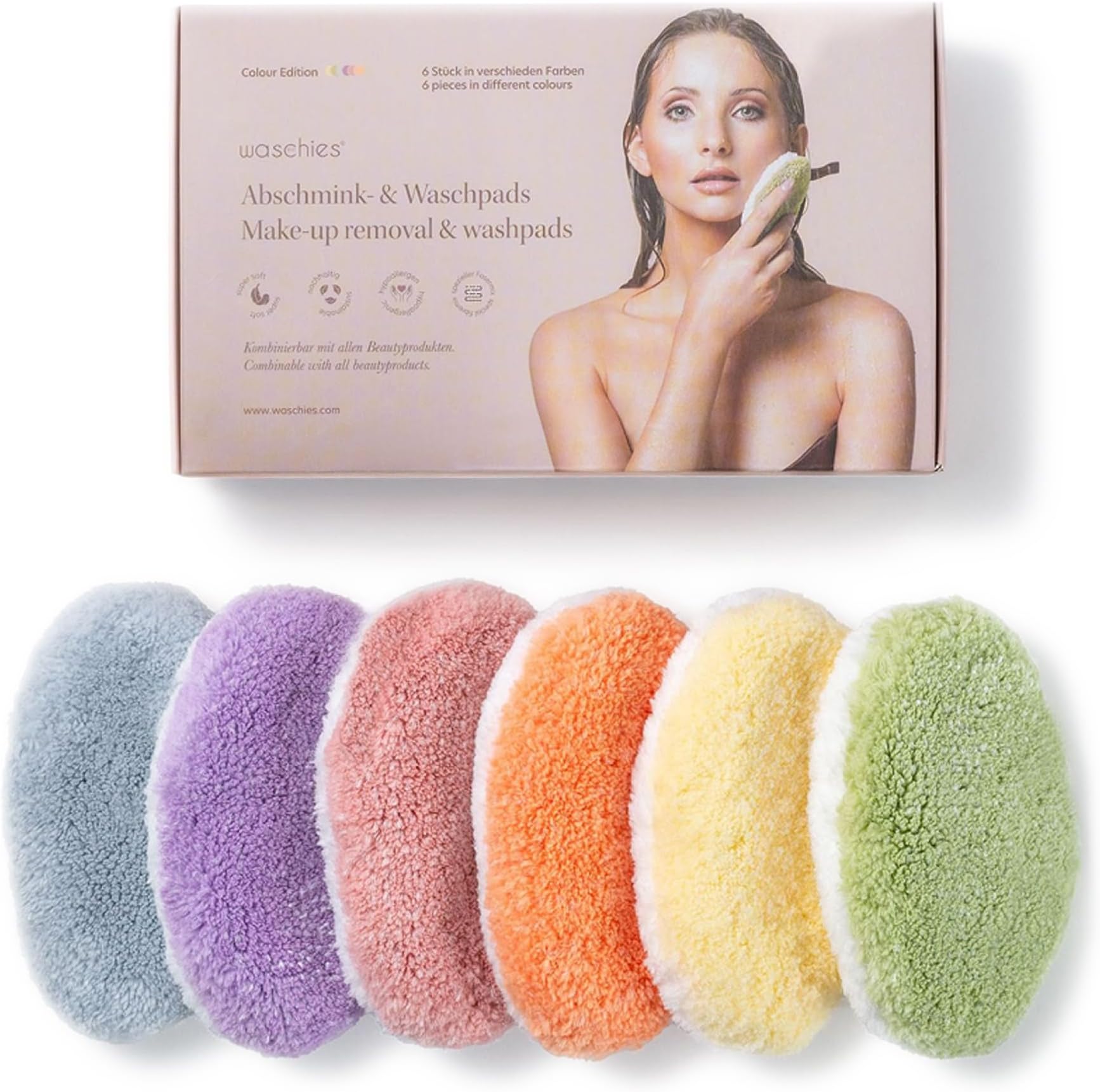 Waschies Reusable Makeup Remover & Face Cleansing Pads – Pack of 6 in Multicolour - Washable, Soft & Hypoallergenic, Gentle Cleansing For All Skin Types - Alternative to Cotton Pads & Wipes