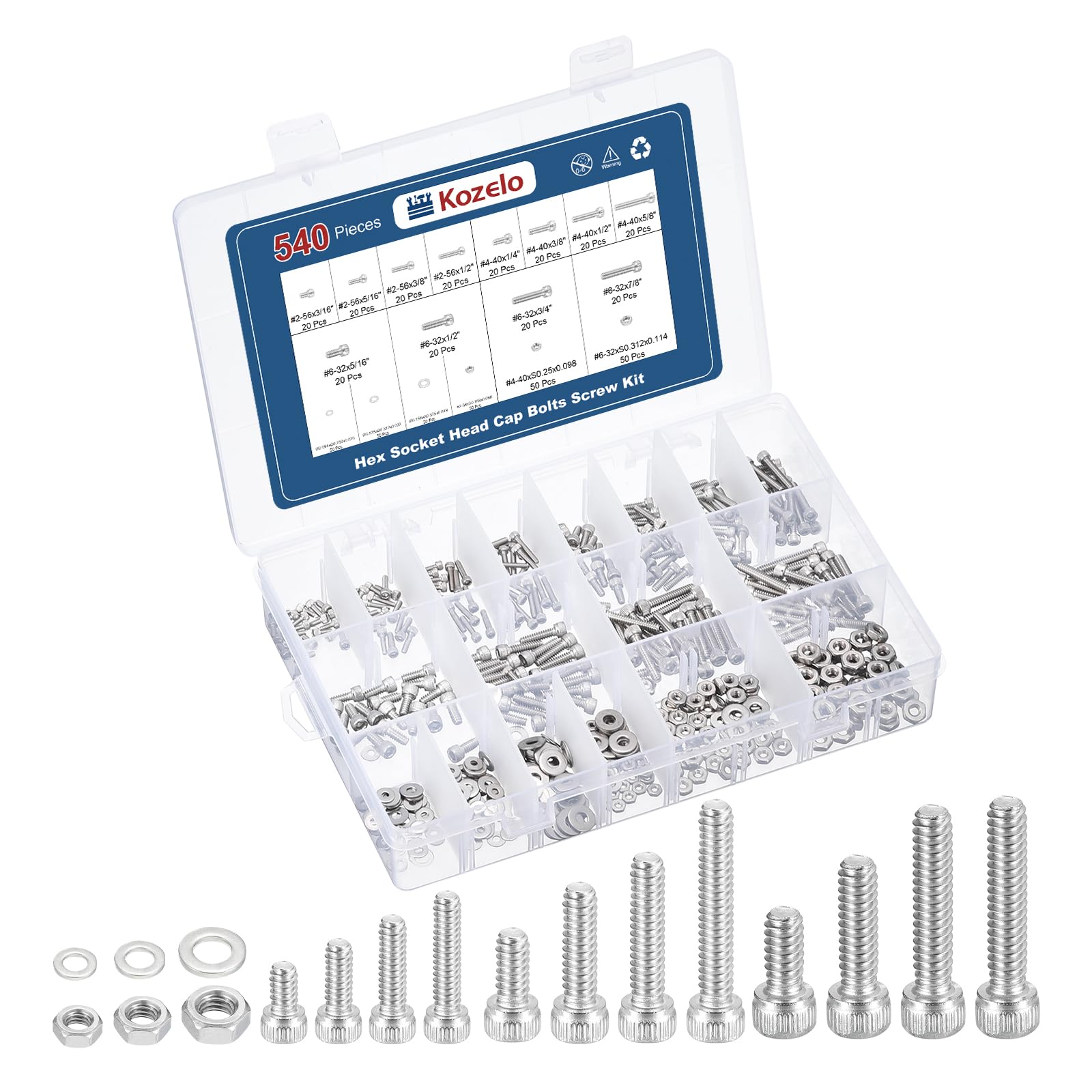 Kozelo 540pcs #2-56,#4-40,#6-32 Socket Head Cap Screws Bolts Nuts Assortment Kit