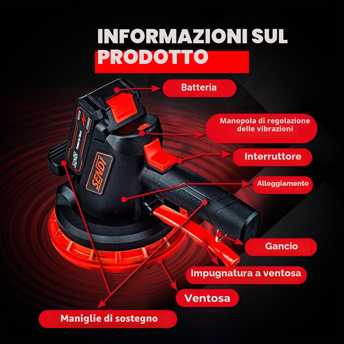 Ventosa vibrante SENDI VSC-18 - Macchina progettata per la vibrazione di piastrelle, gres di diverse dimensioni, 6 livelli di vibrazione e 180 mm di diametro