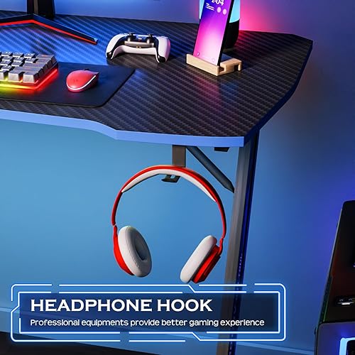 Miniatura 44 de PayLessHere Escritorio para juegos de 47 pulgadas, mesa de fibra de carbono, estación de trabajo Ultimate Gamer con soporte para tazas y gancho para