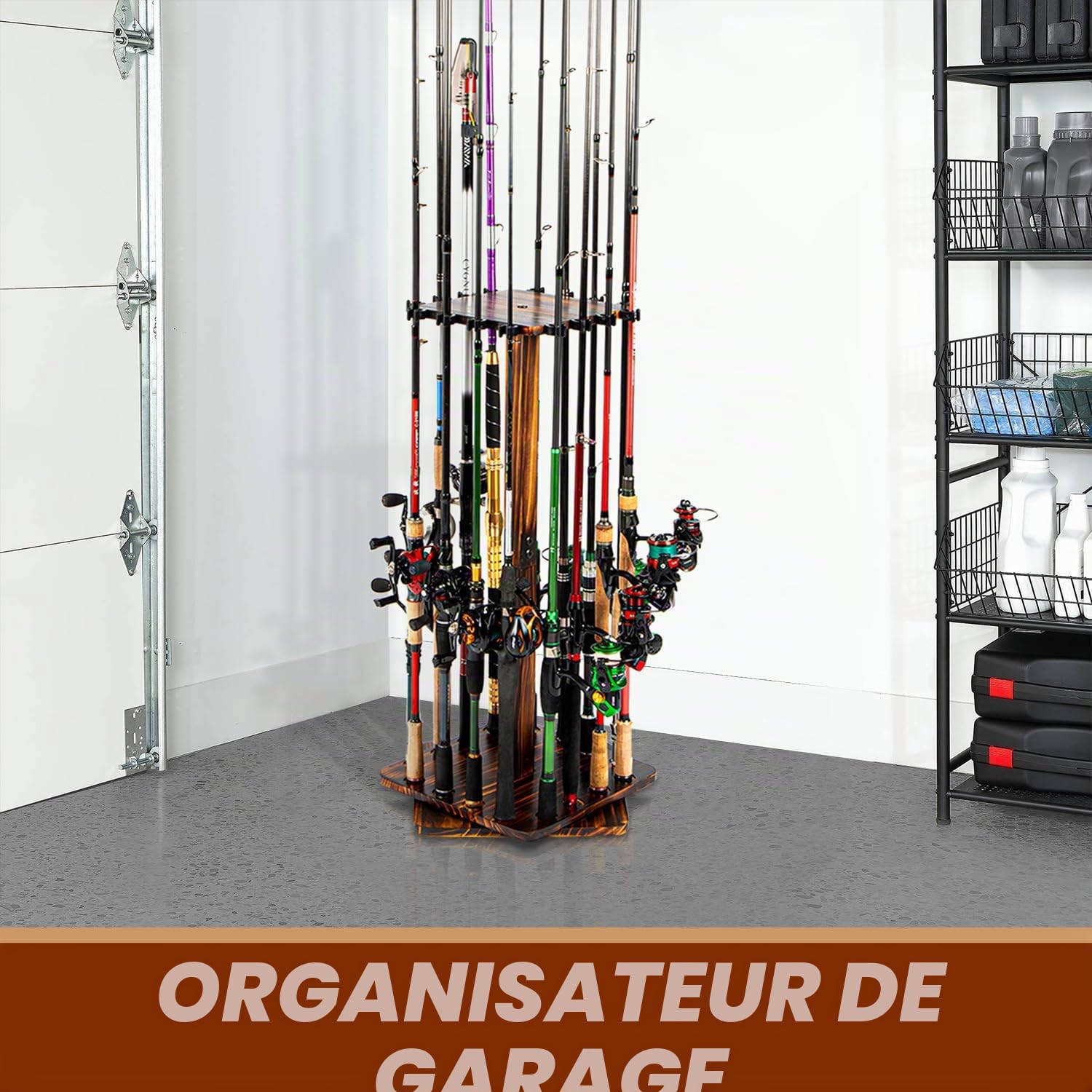 Ghosthorn Support de canne à pêche pour garage rotatif à 360 degrés, support de sol pouvant contenir jusqu'à 16 cannes à pêche en bois, cadeau de pêche pour homme et femme