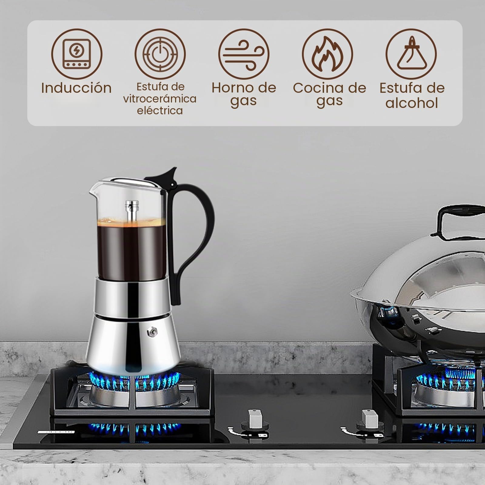 Cafetera Espresso Transparente de Acero Inoxidable 304 Moka Pot Cafetera Espresso Cafetera Percoladora Capaz Cafetera Moka Cafetera Percoladora Para Casa y Camping 6 Taza 350ml