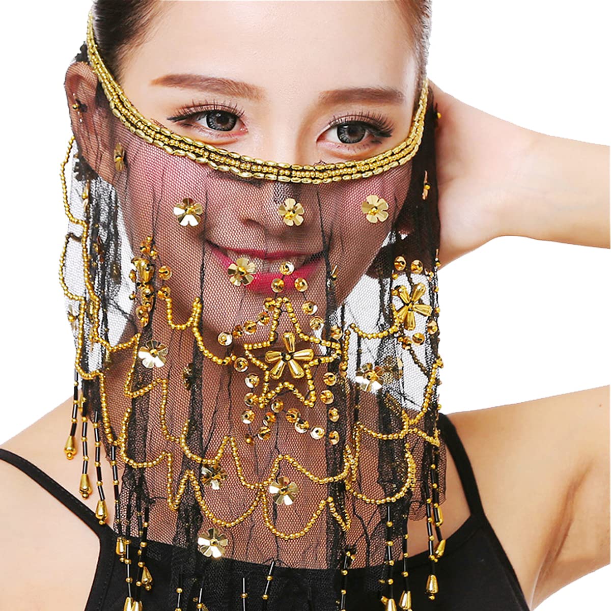 SamHeng Belly Dance Face Veil, Chiffon Face Veil with Sequins Beads for Belly Dance Costumes Performance Halloween Costume Accessory for Women and Girls