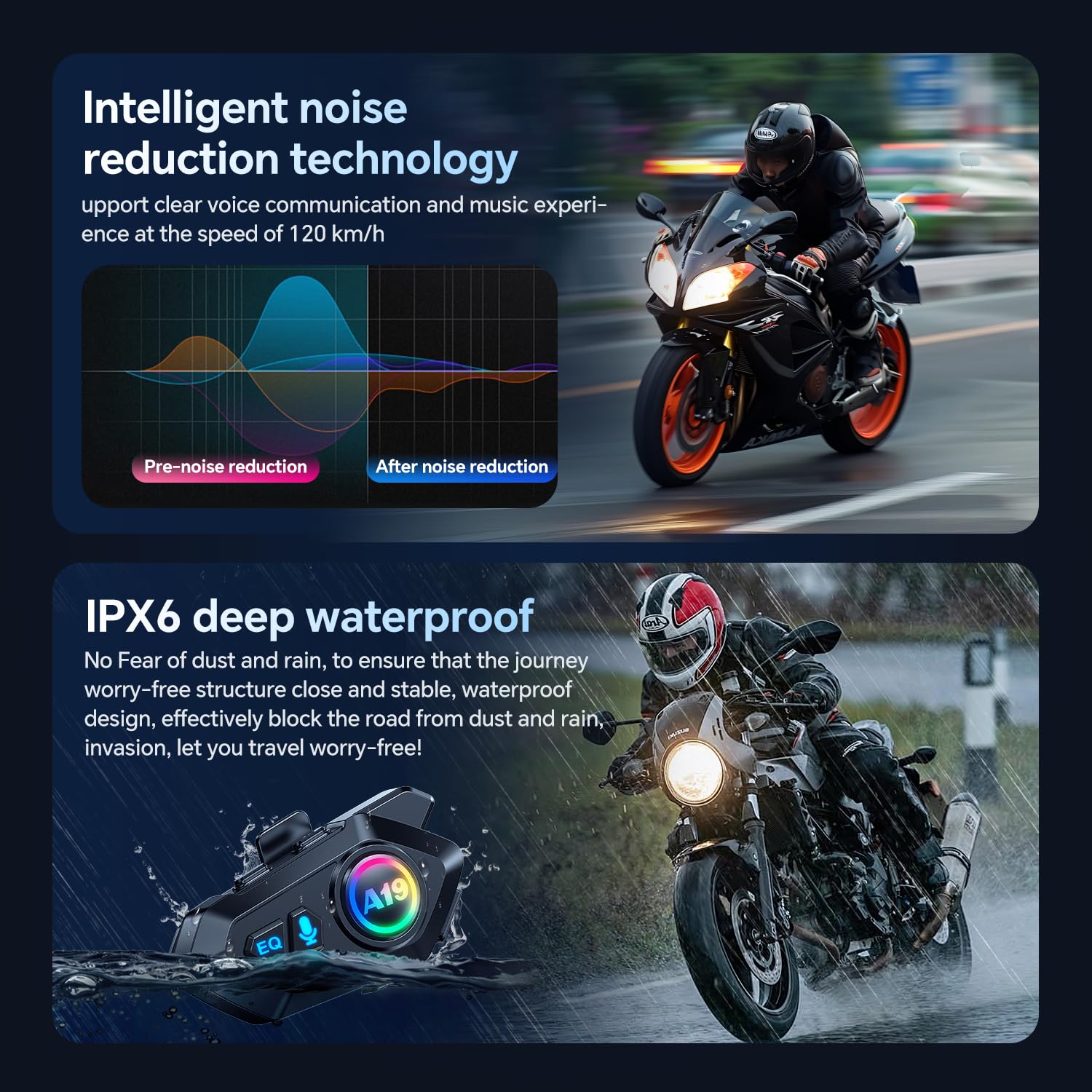 Casque de moto Bluetooth 5.4 sans fil avec haut-parleurs et système de communication avec suppression du bruit IPX6 étanche/basses puissantes
