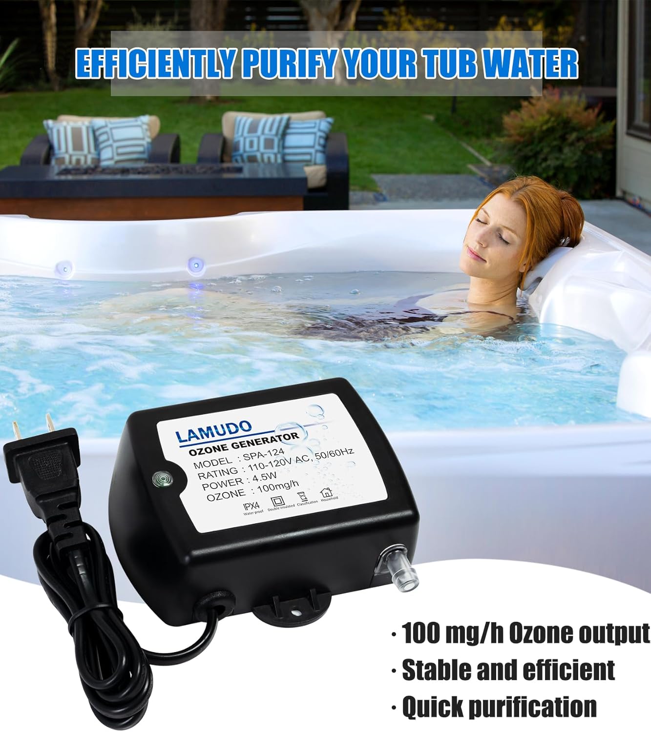 Ozone Generator for Cold Plunge with Venturi Injector, SPA-124 SPA Ozonator Kit for Hot tubs and Swim Spas, 100mg/h Mini Ozone Generator(NEMA 1-15 Plug)