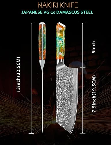 Miniatura 4 de Cuchillo Nakiri de 7.5 pulgadas, cuchillo japonés Usuba, mango de acero y resina de Damasco martillado, serie YAO