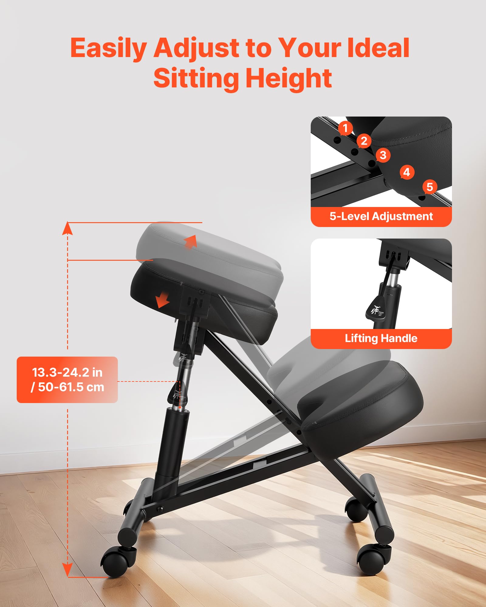 VEVOR Ergonomischer Kniehocker mit Rollen, Mobiler Höhenverstellbarer Kniestuhl in X-Form mit Dicken Schaumstoffpolstern, zur Entlastung von Nacken & Rücken, für Zuhause, Büro & Meditation, Schwarz