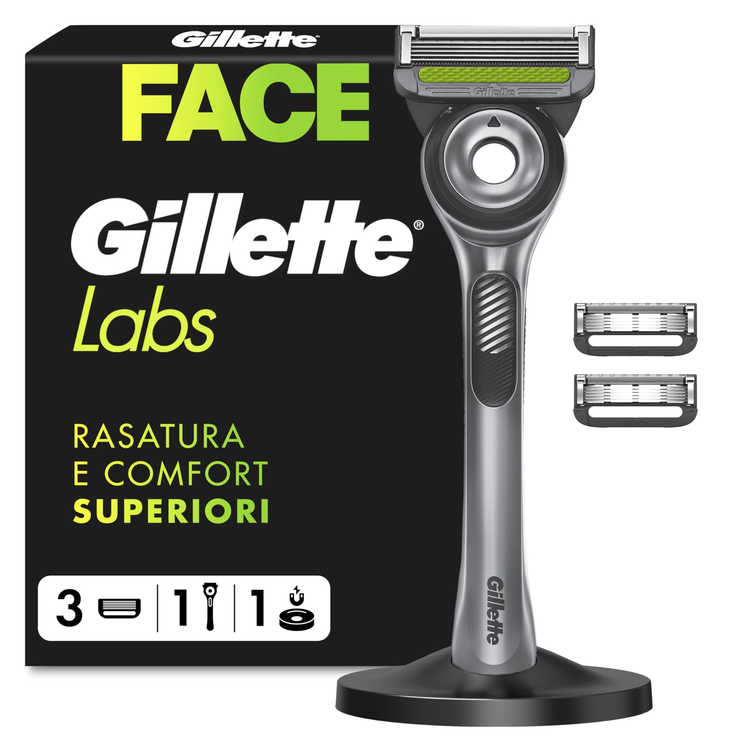 GilletteLabs Rasoio A Mano Libera Con Barra Esfoliante, 1 Manico + 3 Lametta Di Ricambio, Include Base Magnetica Premium
